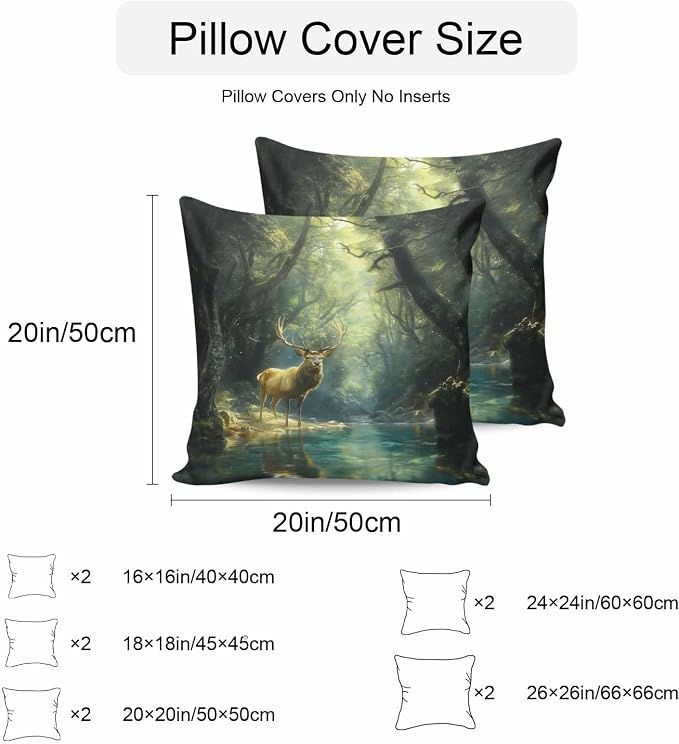 Green Forest Deer Waterproof Outdoor Pillow Covers Set of 2 Home Decor, Fantasy Vintage Nature Scenery Pillowcase Patio Pillow Covers for Couch Bench Furniture Garden 16x16in