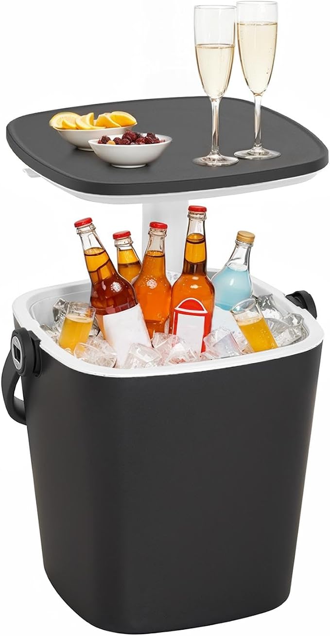 ROJIK 3-in-1 Resin Ice Bucket & Beverage Cooler – Wood Look Patio Table, UV Protection & Drain Plug for Outdoor Parties, Bars, and Poolside Use