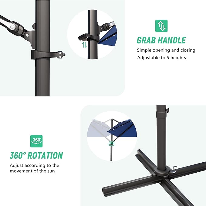 Greesum 10FT Outdoor Patio Umbrella with High Pedel and 4 Gear Heights, Large Offset Umbrella with Solar LED Lights and 360-degree Rotation, Without Base, Hanging Outdoor Shade for Garden, Deep Blue