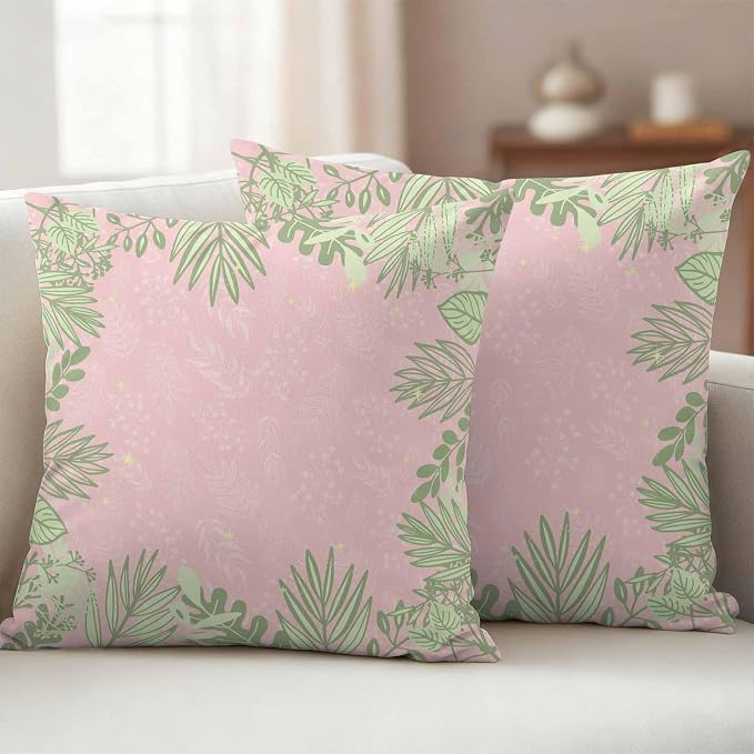 Outdoor Pillow Covers Set of 2, Watercolor Spring Green Leaves on Pink Decorative Throw Pillow Covers 16X16IN, Abstract Leaf Throw Pillows Protector Cushion Case for Patio,Couch,Sofa,Garden