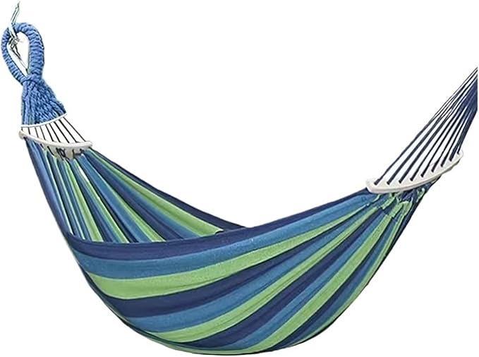 Canvas Hammock Outdoor Thickened Anti-Rollover Sleeping Swing Hanging Tree Camping(Bent Wood Blues Hook)