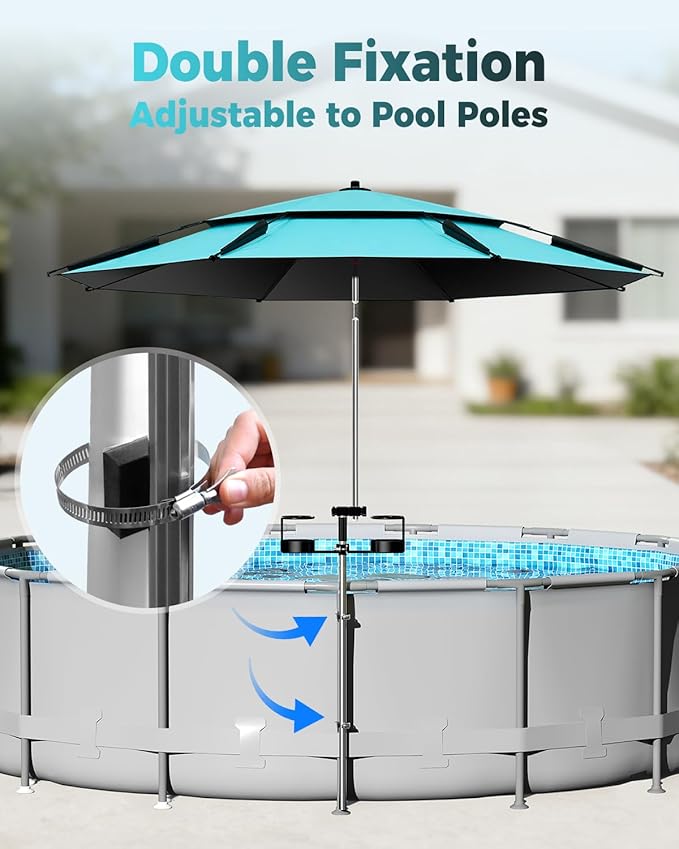 Above Ground Pool Shade Umbrellas - Outdoor Sunshade Canopy with 2 Pack Cup Holders Fits Most Oval Rectangular Swimming Pools - Patio Umbrella for Garden, Beach, Backyard, Poolside Accessories