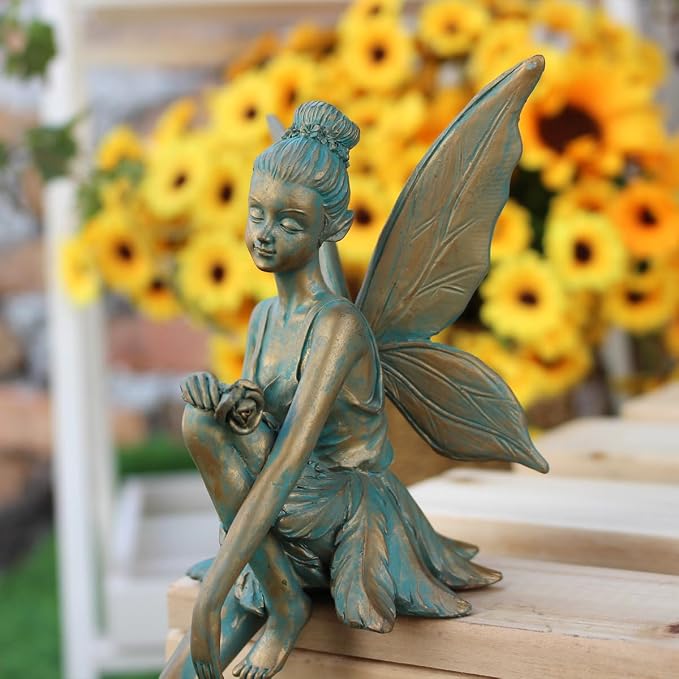 Vintage Bronze Sitting Fairy Statue Outdoor Garden Decor, 7" Tall Resin Angel Figurine Home Shelf Sitter Yard Art Sculpture for Patio Lawn Porch Ornaments