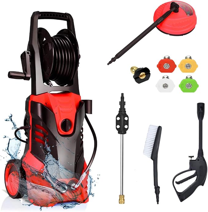 Goplus 3000PSI Electric Pressure Washer, Portable High Power Washer w/ 5 Nozzles, Hose Reel, Soap Bottle, 2 GPM 2000W (Red)
