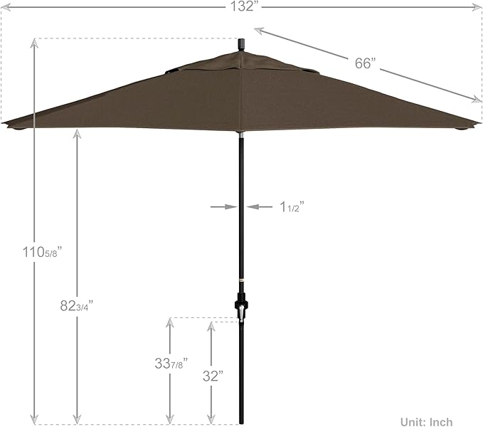 California Umbrella 11Ft Premium Sunbrella Patio Umbrella, Hand-Crank, Tilt-Collar, Black Frame, Taupe Fabric