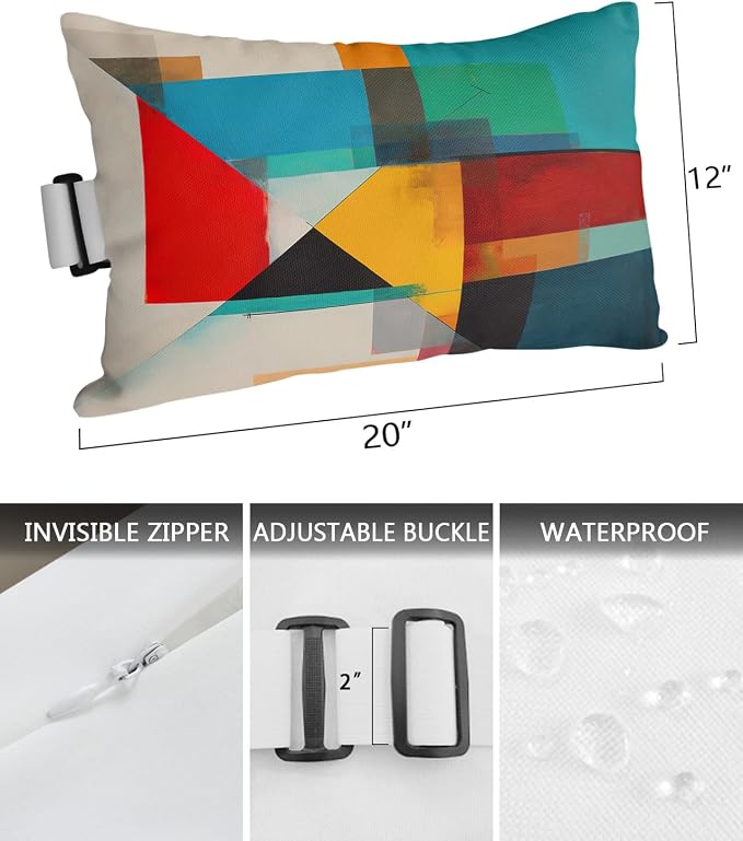 Outdoor Pillows Covers with Inserts Geometric Abstract Red Orange and Teal Color Block Waterproof Pillow with Adjustable Strap Throw Pillows for Patio Furniture Recliner Lounge Chair, 12x20 inch, 2PCS