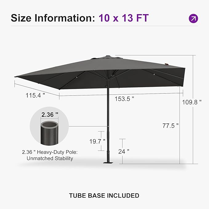 PURPLE LEAF 10' x 13' Rectangular Semi-Auto Outdoor Patio Umbrella Aluminium Market Umbrella Table Sun Umbrella with 2.36" Rod and 8 Sturdy Ribs for Deck Lawn Pool Garden, Gray