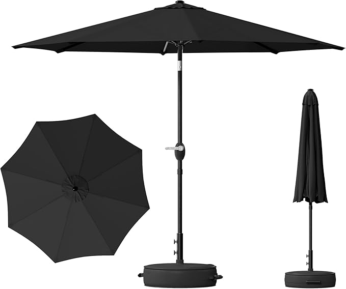 Greesum Outdoor Patio Umbrella with Base, Table Umbrella with 8 Sturdy Ribs, Push Button Tilt and Crank, Market Table Parasol for Garden, Lawn, Backyard & Pool, Black