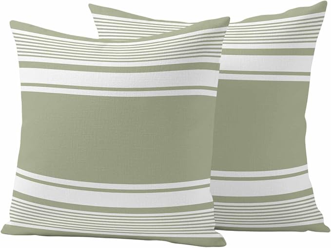Outdoor Waterproof Throw Pillow Covers, Sage Green Striped Decorative Pillow Cases, Modern Color Block Farmhouse Stripes Couch Pillow Protector Patio Sofa Cushion Covers Replacement 24"x24" 2 Pack
