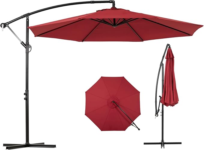 Backyard Expressions 10ft Offset Hanging Patio Umbrella with Crank Lift & Tilt, Outdoor Market Umbrella with UV-Resistant Canopy, Cross Base, and Air Vent for Backyard - Red