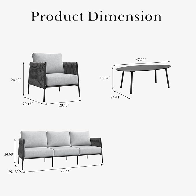 LayinSun 4 Piece Outdoor Furniture Set with Coffee Table, Modern Rope Woven Patio Conversation Sofa Set with Olefin Braid and Deep Seating