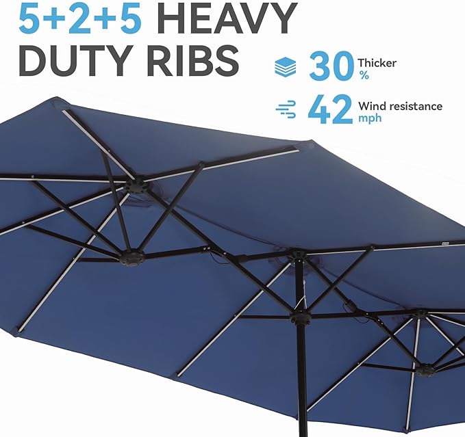 GREEN PARTY 13ft Outdoor Patio Umbrella with Solar Lights, 120 LED 12-Mode Large Double Sided Rectangular Table Umbrella, Heavy Duty Triple-Head Shade for Backyard Deck & Poolside, Navy Blue(No Base)
