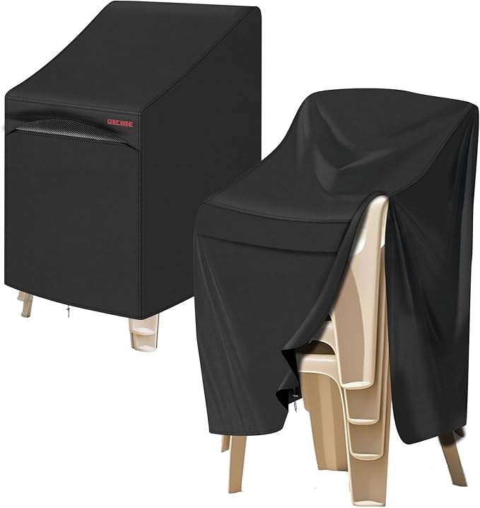 RICHIE Stackable Patio Chair Cover, 600D Stacking Outdoor Chair Cover Waterproof, High Back Covers for 4-6 Stackable Dining Chairs, UV Resistant Patio Furniture Covers, 35”Dx27”Wx45”H, Black, 2 Pack