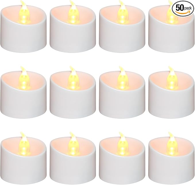 50 Pack LED Tea Lights, Last 100H+, Warm Yellow Flickering Light（Matte White Base