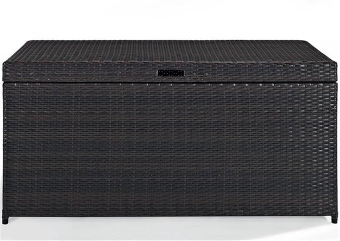 Pemberly Row Outdoor Storage Bin, 52 in x 25 in x 24.5 in, PE Wicker/Rattan and Steel, Brown Finish, UV-Resistant, Pneumatic Hinges, All-Weather Design, Ideal for Cushions and Garden Essentials