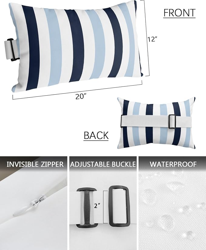 Outdoor Pillows Waterproof Covers Set of 2, Navy Blue Stripes Adjustable Elastic Chaise Lounge Headrest Pillow Covers, Contrast Striped Decorative Lumbar Pillow for Pool Patio Furniture 20x12 Inch