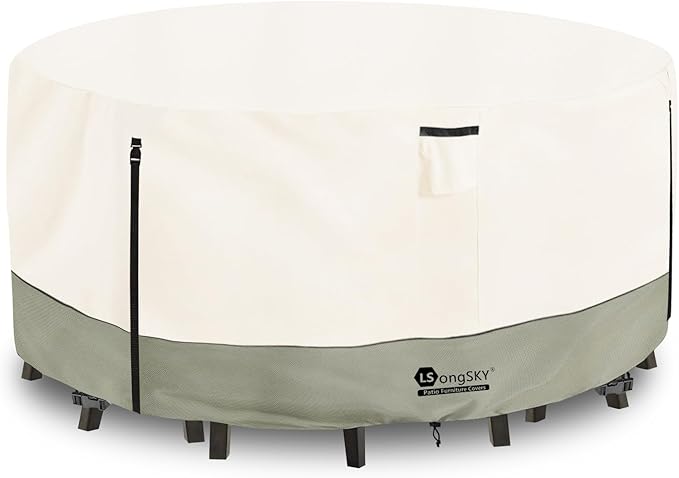 Round Patio Furniture Covers,600D Heavy Duty Waterproof Outdoor Furniture Cover for Round Dining Table with Rocking Swivel Chairs Set,84" Dia x 28" H Beige