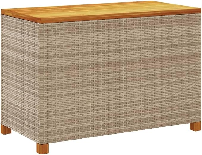 Patio Storage Box Beige 43.3"x21.7"x24.8" Poly Rattan Acacia Wood,Garden Storage Box with Bench Durable PE Rattan and Acacia Wood for Outdoor Patio Storage Boxes, Storage Boxes,