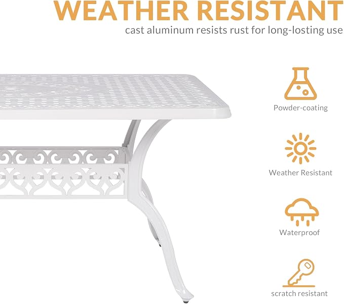 Outdoor Cast Aluminum Patio Table, 60” Rectangular Bistro Table with 2’’ Umbrella Hole for Patio Furniture Garden Deck Backyard, White