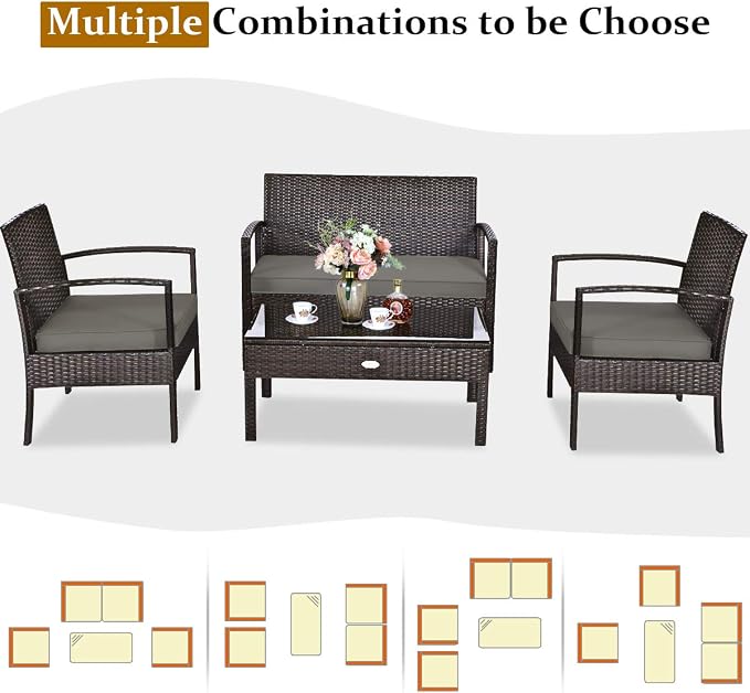 Outdoor Conversation Set 4 Pieces Patio Furniture, Wicker Patio Chair Sofa Set with Water-Resistant Dark-Brown Cushion & Tempered Glass Table for Backyard, Balcony, Porch(Brown)
