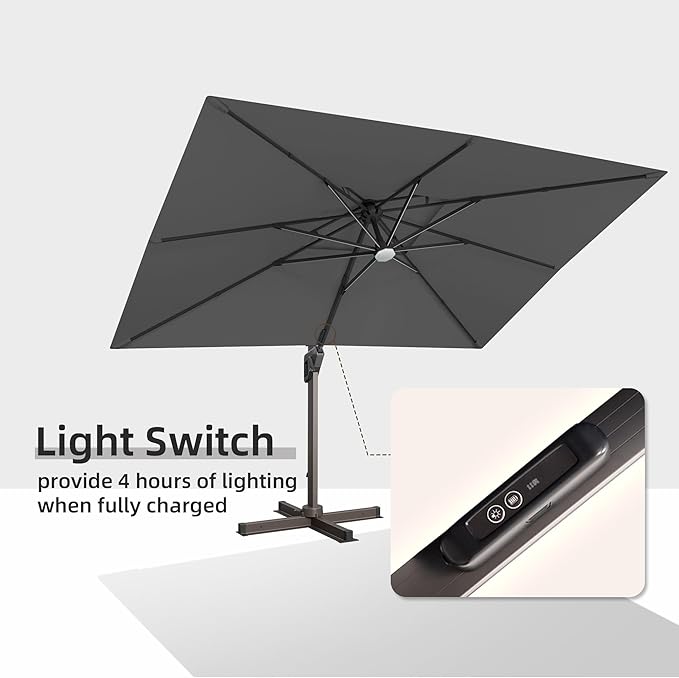 9 X 12 FT Cantilever Outdoor Patio Umbrella with LED Lights Large Heavy Duty 360° Rotation Double Top Offset Rectangular Umbrellas for Backyard Garden Pool Outside Deck, Grey