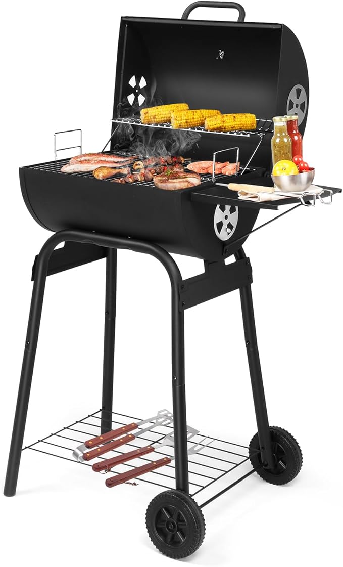 Outdoor BBQ Charcoal Grills,Heavy Duty Charcoal Grill,Metal Outdoor Barbecue Smoker,Portable Camping Barbecue Grills,with Side Table and Wheels,for Garden, Backyard, Patio, Picnics, Party (Black)