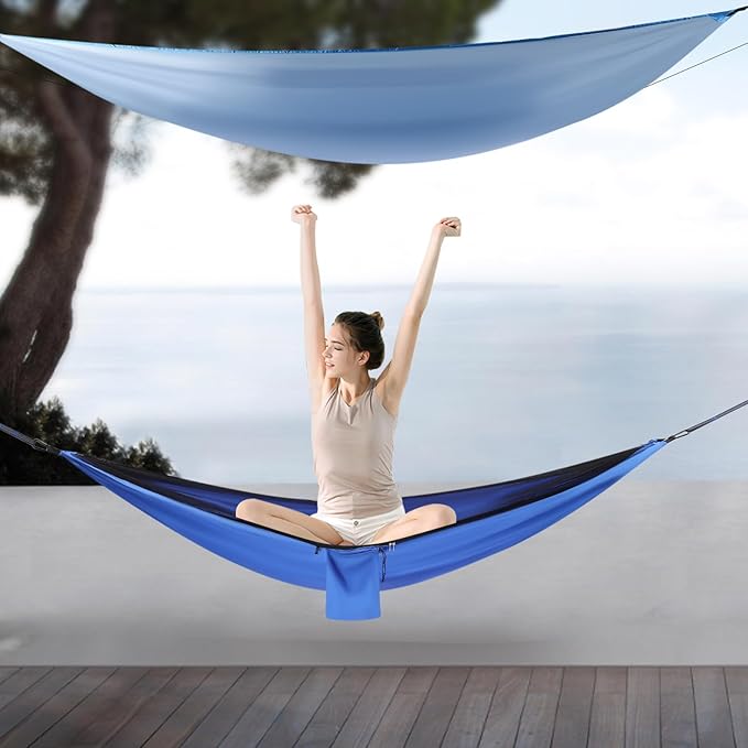 9.5x4.5ft Camping Hammock, Portable Outdoor Hammock Tent with Mosquito Net and Rain Fly Tarp, Backpacking Hammock for Hiking, Outside, Patio, Travel (Blue)