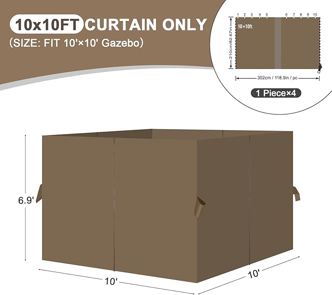 Aoodor 10x10 ft Outdoor Gazebo Curtains, 4 Panels Waterproof Privacy Sidewall Replacement with Zipper for Patio Pergola and Canopy, Light Coffee