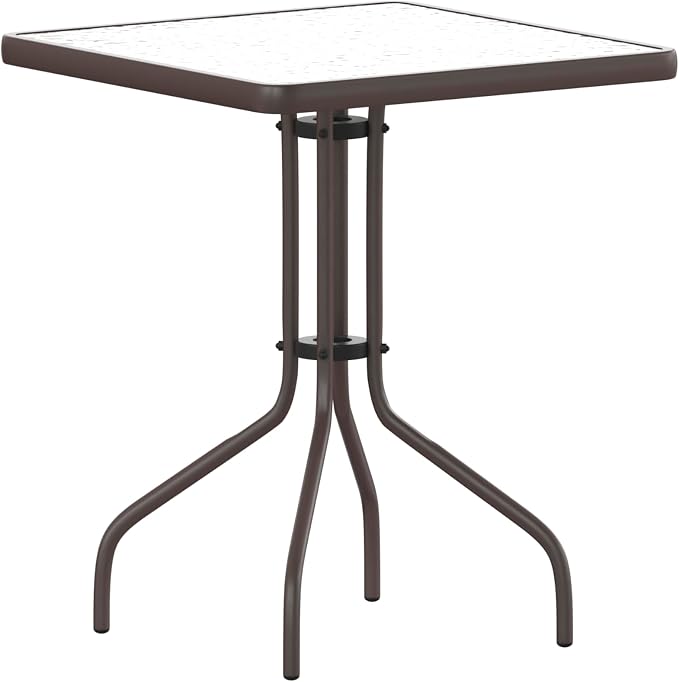 EMMA + OLIVER Benji Patio Dining Table - Bronze Metal Frame - 23.5" Square Tempered Glass Top - Suitable for Indoor/Outdoor Use