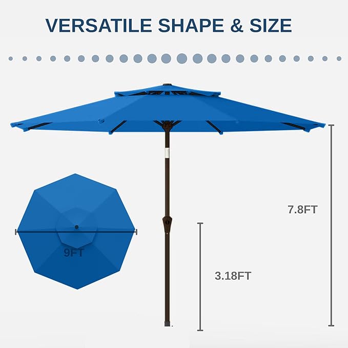 9FT Patio Umbrella 2-Tier Outdoor Market Table Umbrella with Push-Button Tilt & Crank | UPF 50+ & Waterproof for Backyard,Garden,Pool,Deck(Royal Blue)