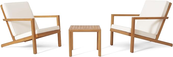 Christopher Knight Home Leah 2-Seater Acacia Wood Outdoor Patio Furniture Set, Outdoor Conversation Chat Set with Cushion, Adirondack Chairs Set of 2 + Side Table Set for Backyard Balcony, Teak+Beige