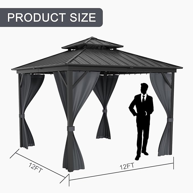 12x12FT Hardtop Gazebo, Galvanized Steel Metal Double Roof Aluminum Gazebo with Curtain and Netting, Brown Permanent Pavilion Gazebo for Patio, Lawn & Garden
