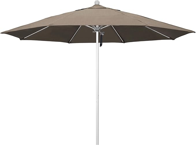 California Umbrella 11Ft Commercial Grade Sunbrella Fabric Market Umbrella, Pulley Lift, Aluminum/Fiberglass, 2mm pole wall, Silver Frame, Taupe Fabric