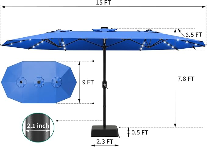 15FT Solar Patio Umbrella with 36 LED Lights, Weighted Base Included, Tilt and Crank Market Umbrella for Backyard, Garden, Deck, Pool, Beach