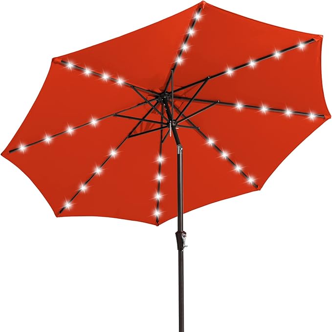 JEAREY 10FT Outdoor Patio Umbrella with Solar Lights, LED Lighted Pool Umbrella with Tilt and Crank, Outdoor Table Umbrellas for Deck, Yard & Market(Orange)