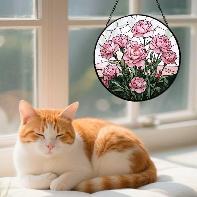 Stained Glass Window Hanging - Blooming Pink Peonies 7.8 Inches Suncatcher for Garden Home Decor for Women Mon Grandma Friends