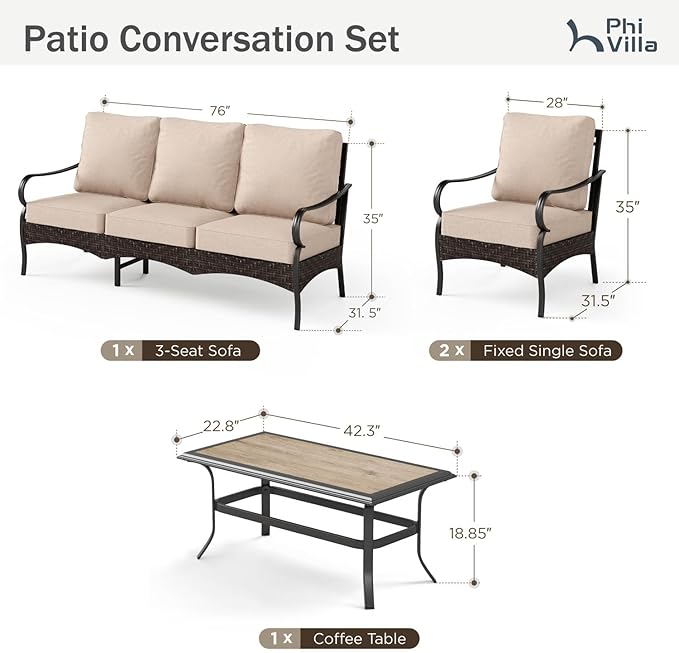 PHI VILLA Outdoor Modern Patio Furniture Set, Upgraded Wicker & Metal Patio Furniture Conversation Set with Waterproof Thick Cushions for Porch, Poolside, Yard (4 Pieces,Beige)