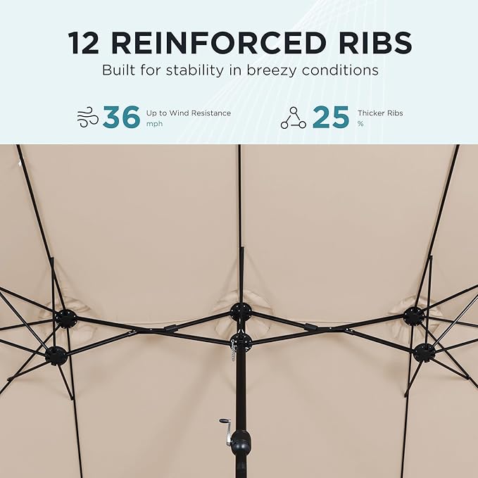 15FT Extra Large Patio Umbrella with Base Included, Heavy Duty Rectangle Outdoor Market Umbrella with 12 Strong Ribs for Patio, Garden, Lawn, Deck & Pool