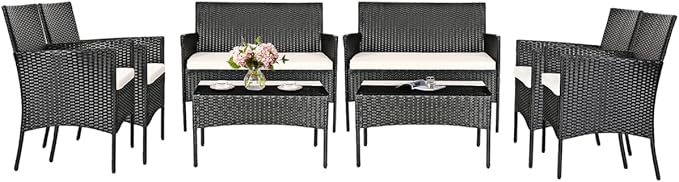 HAPPYGRILL 8 Pieces Patio Furniture Set Rattan Wicker Conversation Set with Tempered Glass Top Table, Outdoor Wicker Sofa Set with Removable Cushions for Poolside Garden Backyard