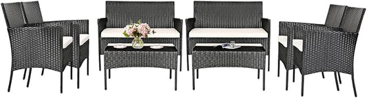HAPPYGRILL 8 Pieces Patio Furniture Set Rattan Wicker Conversation Set with Tempered Glass Top Table, Outdoor Wicker Sofa Set with Removable Cushions for Poolside Garden Backyard