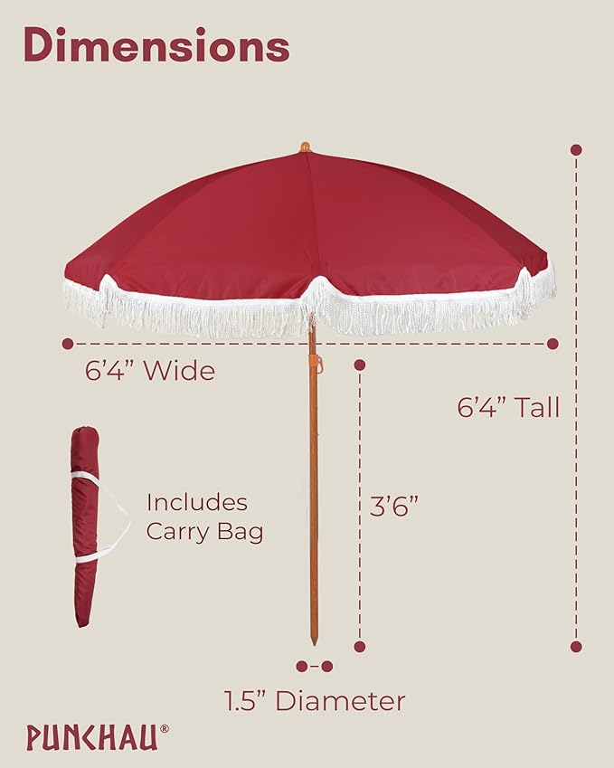 6 Ft Fringe Patio Umbrella - Outdoor Umbrella for Patio, Pool, Table, Garden, Deck, Beach, and Outdoors - Fashionable Boho Vintage Tassels & Wood Print - Push Button Tilt Pole