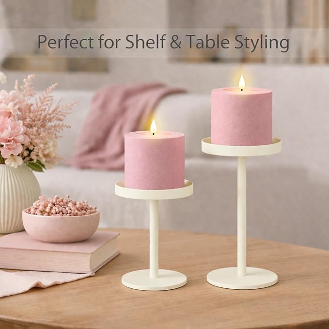 smtyle 4"x4" Pink Fake Candles Battery Operated Flameless Candles with Remote Sculptural Sand Texture Frosted Plastic Minimalist Decorative Set of 2