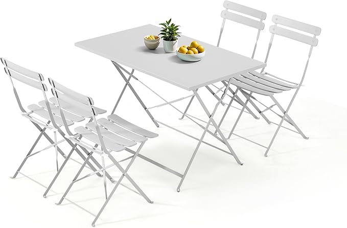 MELLCOM 5-Piece Foldable Patio Dining Set with Rectangular Table and Chairs, Weather-Resistant Iron Outdoor Dining Set for 4 People, Outdoor Table and Chairs for Patio, Yard, Indoor, White
