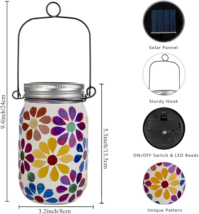 Stargarden 2Pack Mosaic Solar Lantern ,Mosaic Lights ,Outdoor Hanging Jar Lights ,Waterproof Solar Lamps for Tree, Garden, Patio, Yard, Outdoor(Flower)