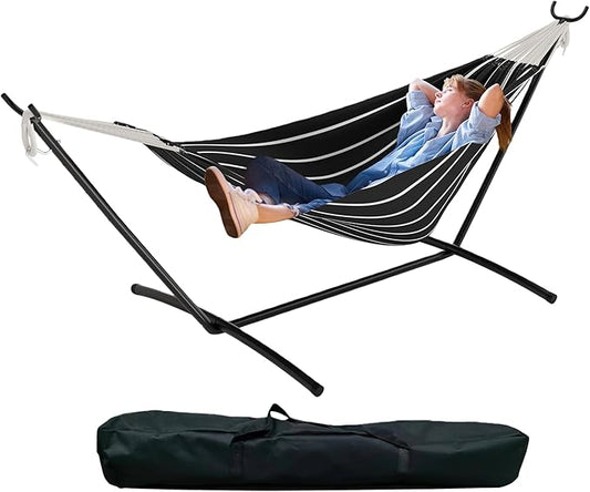Double Hammock with Stand - Heavy Duty 450lbs Capacity, Portable Cotton Hammock for Two Adults, Indoor & Outdoor Use with Travel Bag, Chasm Stripe Pattern