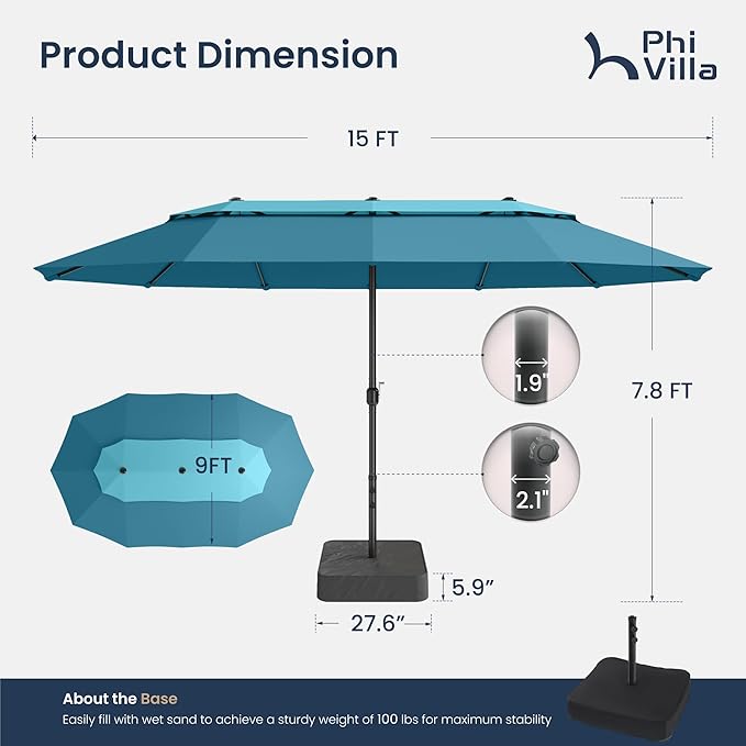 PHI VILLA 15ft Large Patio Umbrellas with Base Included, 2-Tier Outdoor Double-Sided Rectangle Market Umbrella with Stand, Outside Umbrellas for Poolside Lawn Backyard, Blue & Cerulean