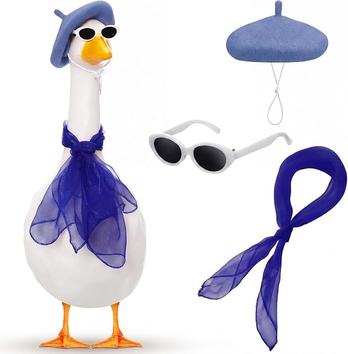 Yaomiao 3 Pcs 50s French Porch Goose Outfit Set for 23'' 17'' Cement Lawn Goose Costume Beret Hat for Carnival Statue Decor(Blue)