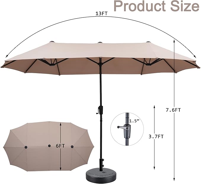 13 ft Patio Umbrella with Base, Large Rectangle Outdoor Umbrella with Matching Stand, Strap, Crank, Khaki
