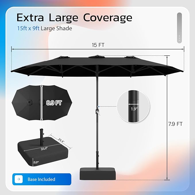 AECOJOY 15x9ft Patio Umbrella with Base Included, Outdoor Double-Sided Rectangle Umbrella with Crank Handle, Market Umbrella for Deck Pool Patio Garden(1.9" Pole, Black)
