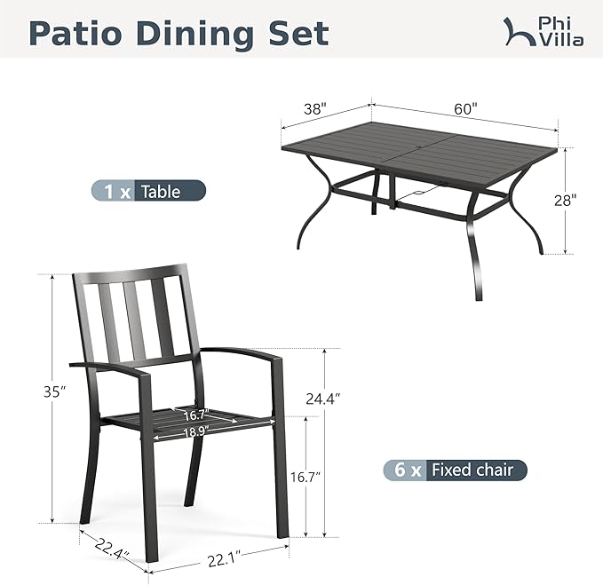 PHI VILLA 7 Piece Outdoor Dining Set for 6, 60” Rectangular Metal Steel Dining Table with Umbrella Hole & Stackable Dining Chairs for Patio, Deck, Yard, Garden